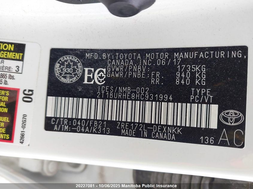 2017 Toyota Corolla Le VIN: 2T1BURHE8HC931994 Lot: 20227081