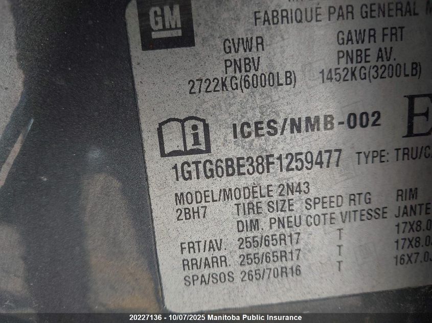 2015 GMC Canyon Sle VIN: 1GTG6BE38F1259477 Lot: 20227136