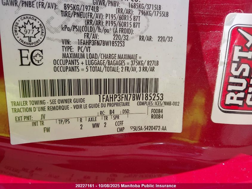 2011 Ford Focus Se VIN: 1FAHP3FN7BW185253 Lot: 20227161