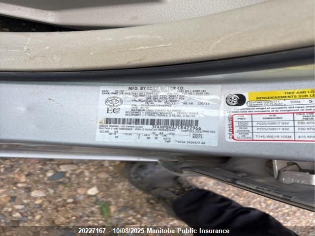 2012 Ford Fusion Se VIN: 3FAHP0HA7CR422966 Lot: 20227167