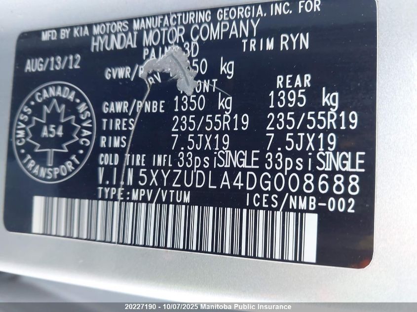 2013 Hyundai Santa Fe 2.0T VIN: 5XYZUDLA4DG008688 Lot: 20227190