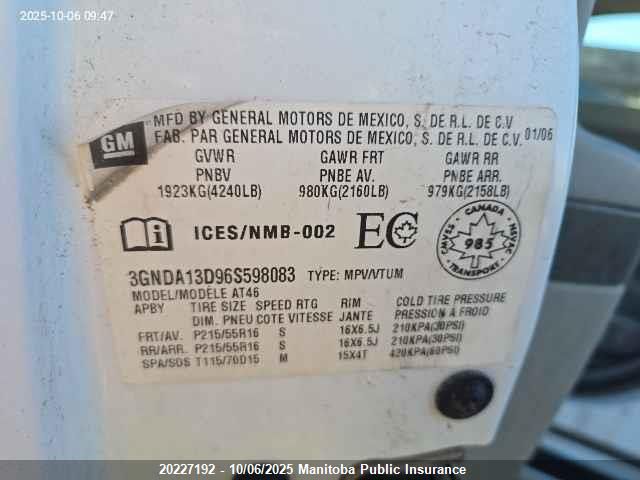 2006 Chevrolet Hhr Ls VIN: 3GNDA13D96S598083 Lot: 20227192