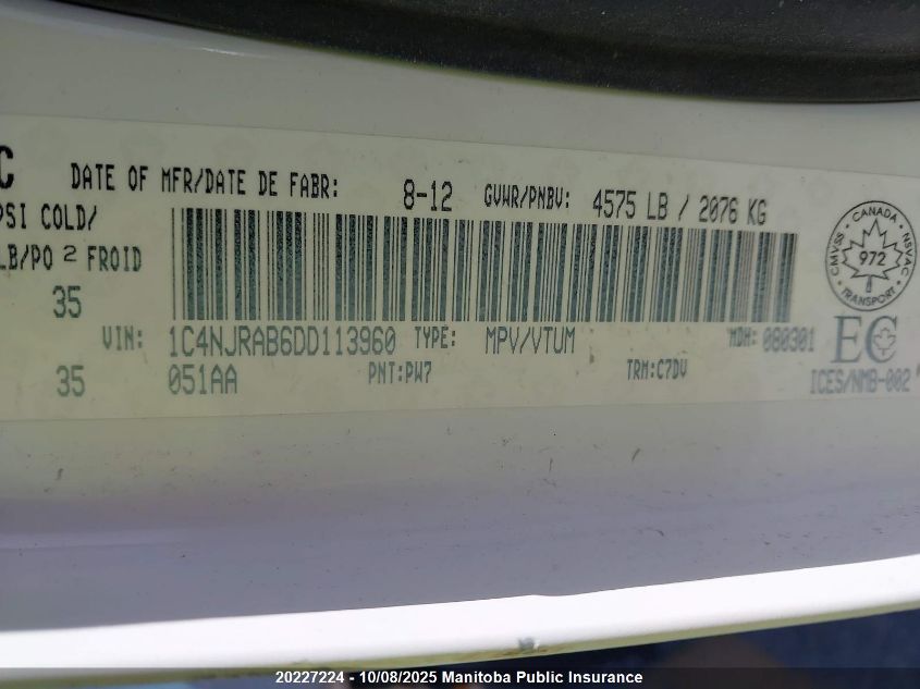 2013 Jeep Patriot North VIN: 1C4NJRAB6DD113960 Lot: 20227224