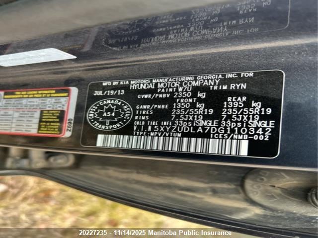 2013 Hyundai Santa Fe 2.0T Se VIN: 5XYZUDLA7DG110342 Lot: 20227235