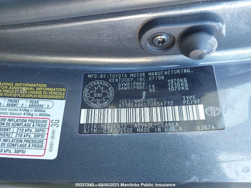 2007 Toyota Camry Le VIN: 4T1BE46K57U054712 Lot: 20227242