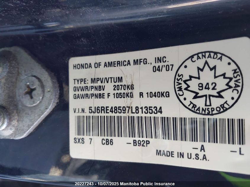 2007 Honda Cr-V Ex VIN: 5J6RE48597L813534 Lot: 20227243