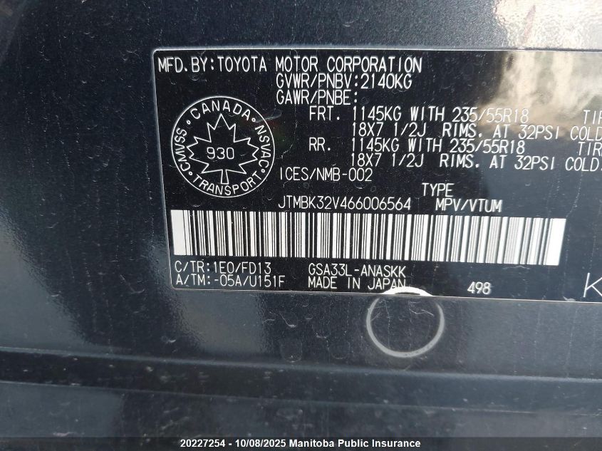 2006 Toyota Rav4 Sport V6 VIN: JTMBK32V466006564 Lot: 20227254