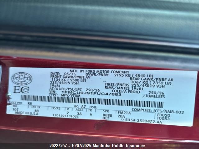 2015 Ford Escape Titanium VIN: 1FMCU9J91FUC47883 Lot: 20227257