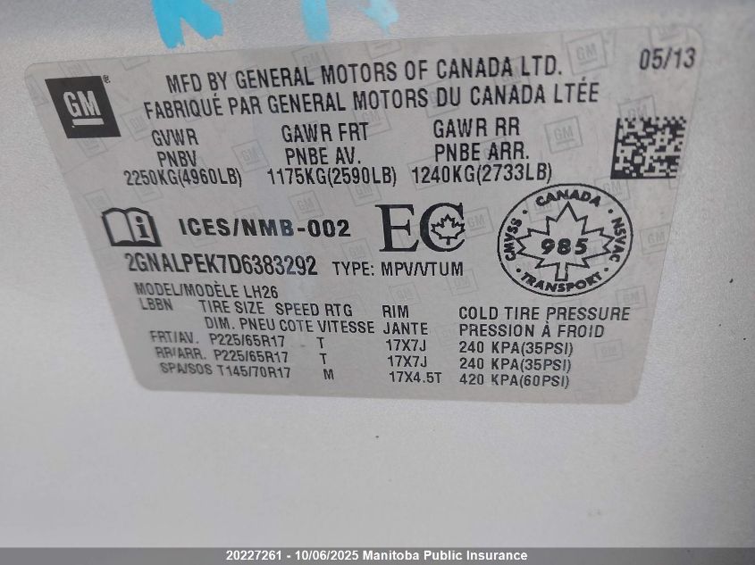 2013 Chevrolet Equinox Lt VIN: 2GNALPEK7D6383292 Lot: 20227261