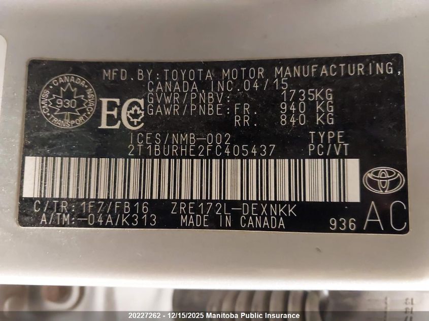 2015 Toyota Corolla Ce VIN: 2T1BURHE2FC405437 Lot: 20227262