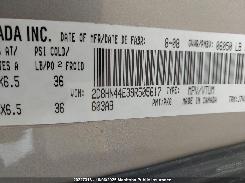 2009 Dodge Grand Caravan Se VIN: 2D8HN44E39R505617 Lot: 20227316