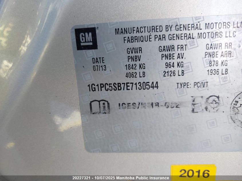 2014 Chevrolet Cruze Lt Turbo VIN: 1G1PC5SB7E7130544 Lot: 20227321