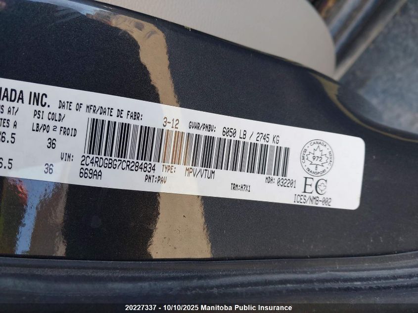 2012 Dodge Grand Caravan Se VIN: 2C4RDGBG7CR284834 Lot: 20227337