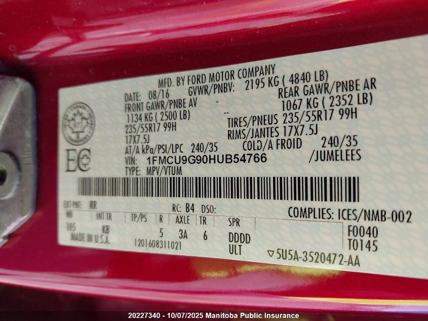 2017 Ford Escape Se VIN: 1FMCU9G90HUB54766 Lot: 20227340