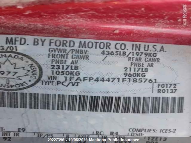 2001 Ford Mustang VIN: 1FAFP44471F185761 Lot: 20227356