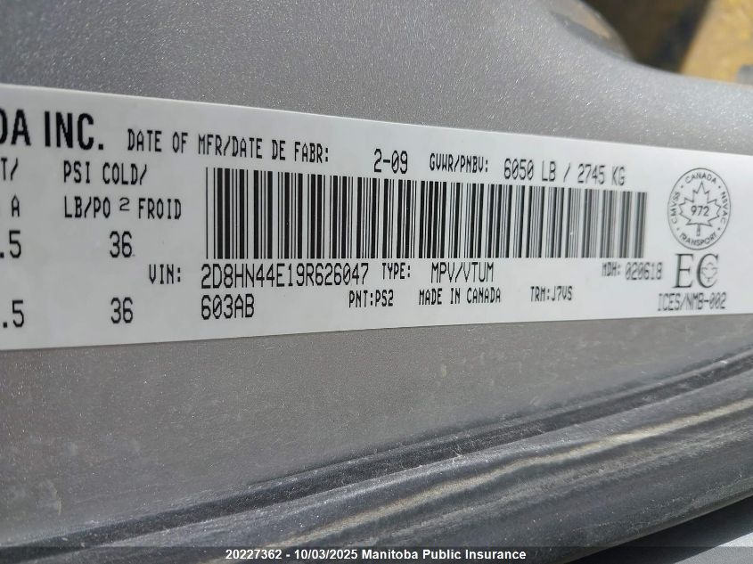 2009 Dodge Grand Caravan Se VIN: 2D8HN44E19R626047 Lot: 20227362