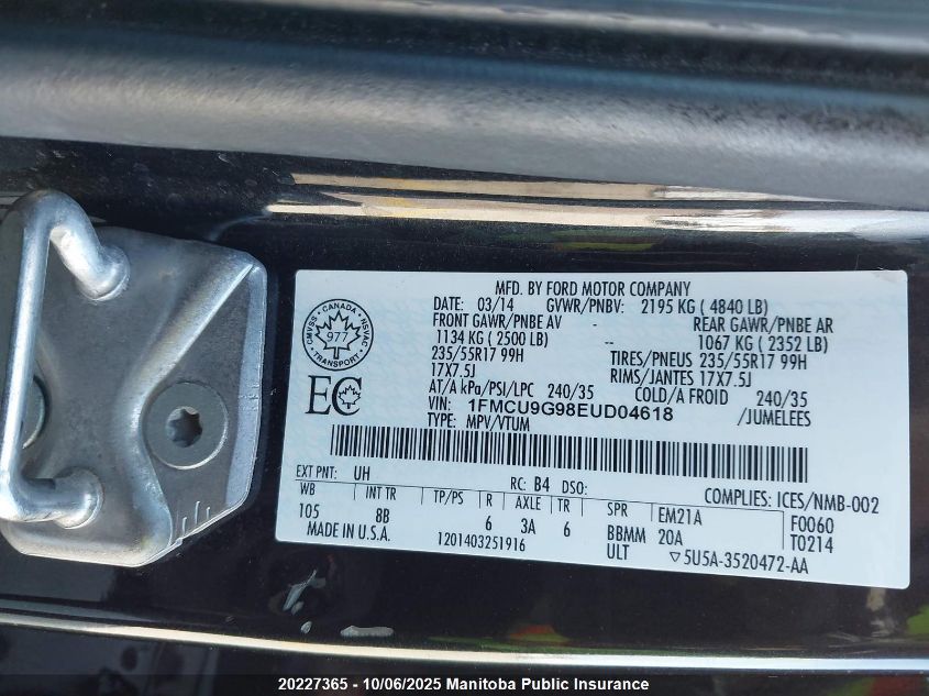 2014 Ford Escape Se VIN: 1FMCU9G98EUD04618 Lot: 20227365