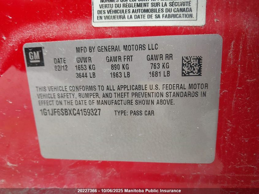 2012 Chevrolet Sonic Ltz VIN: 1G1JF6SBXC4159327 Lot: 20227366