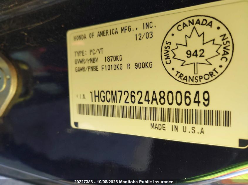 2004 Honda Accord Ex VIN: 1HGCM72624A800649 Lot: 20227388