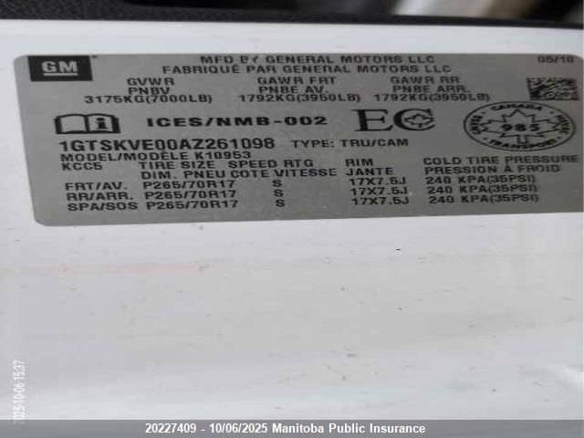 2010 GMC Sierra 1500 Sl Ext Cab VIN: 1GTSKVE00AZ261098 Lot: 20227409
