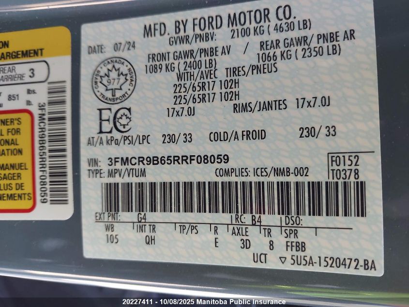 2024 Ford Bronco Sport Big Bend VIN: 3FMCR9B65RRF08059 Lot: 20227411