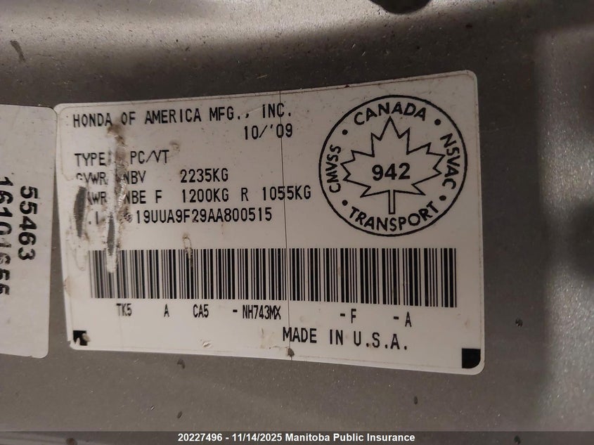 2010 Acura 3.7 Tl VIN: 19UUA9F29AA800515 Lot: 20227496