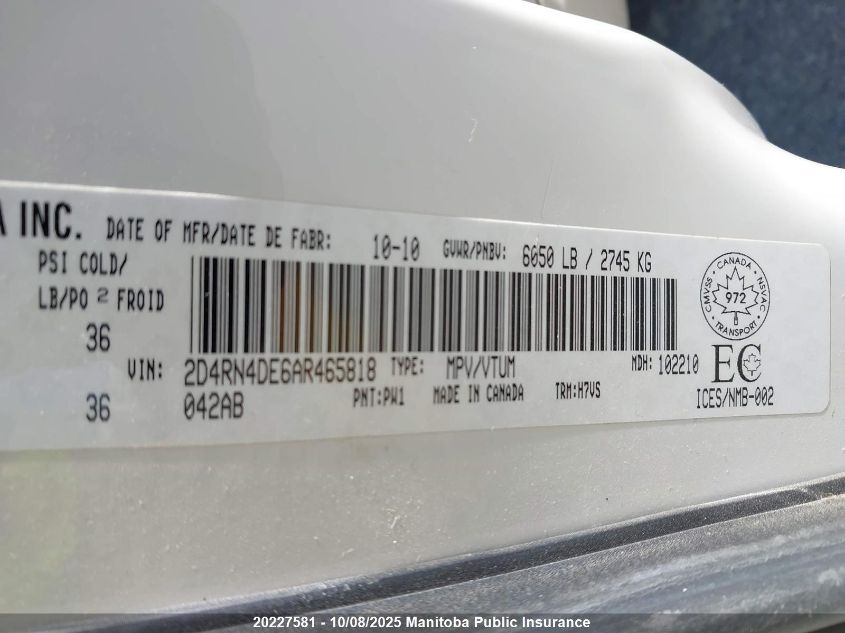2010 Dodge Grand Caravan Se VIN: 2D4RN4DE6AR465818 Lot: 20227581
