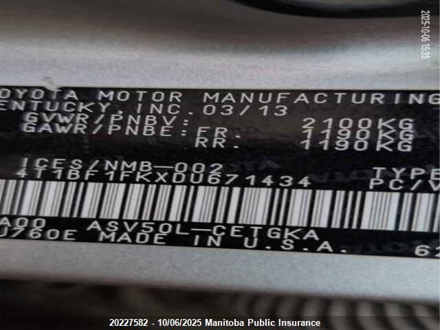 2013 Toyota Camry Xle VIN: 4T1BF1FKXDU671434 Lot: 20227582