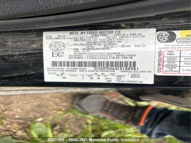 2012 Ford Fusion Se VIN: 3FAHP0HA4CR188981 Lot: 20227591