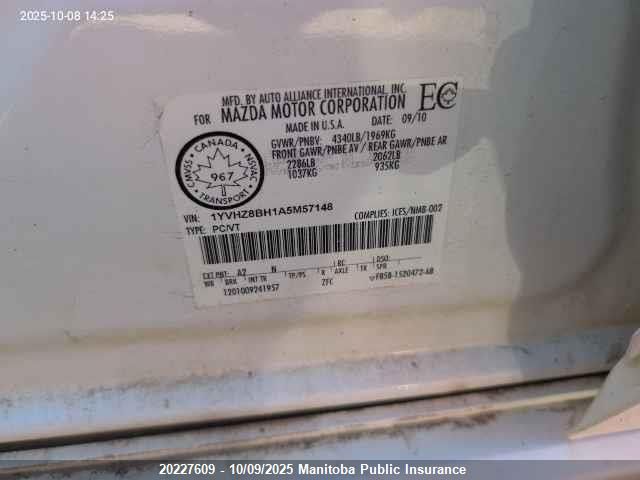 2010 Mazda 6 Mazda Gs VIN: 1YVHZ8BH1A5M57148 Lot: 20227609