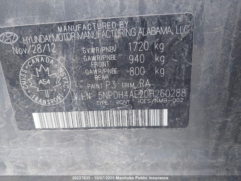2013 Hyundai Elantra Limited VIN: 5NPDH4AE2DH260288 Lot: 20227635