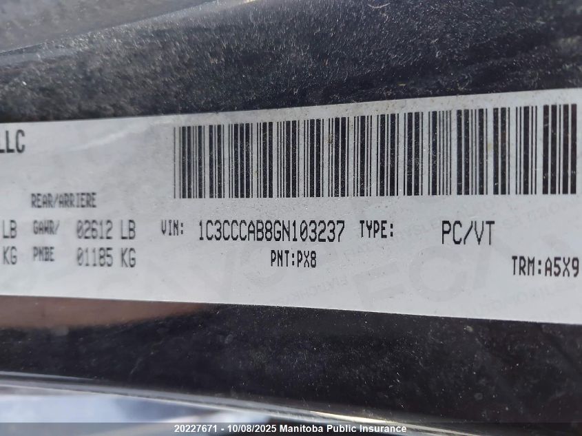 2016 Chrysler 200 Limited VIN: 1C3CCCAB8GN103237 Lot: 20227671