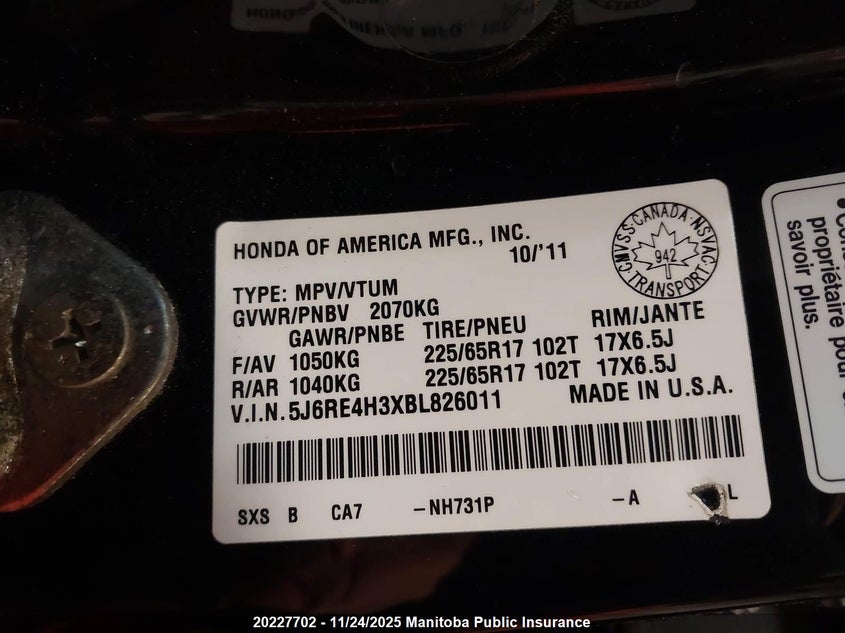 2011 Honda Cr-V Lx VIN: 5J6RE4H3XBL826011 Lot: 20227702