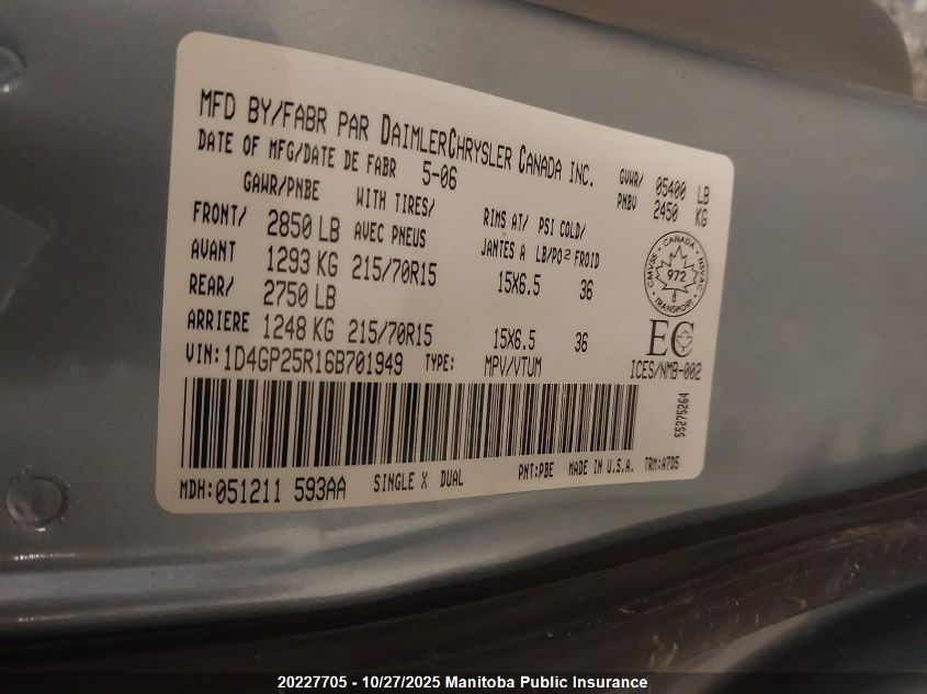 2006 Dodge Caravan VIN: 1D4GP25R16B701949 Lot: 20227705
