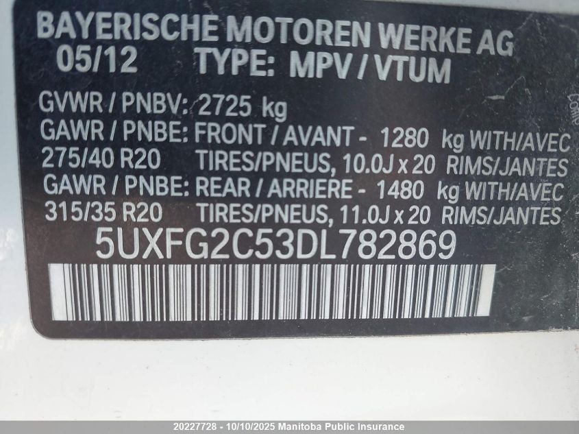 2013 BMW X6 35I VIN: 5UXFG2C53DL782869 Lot: 20227728