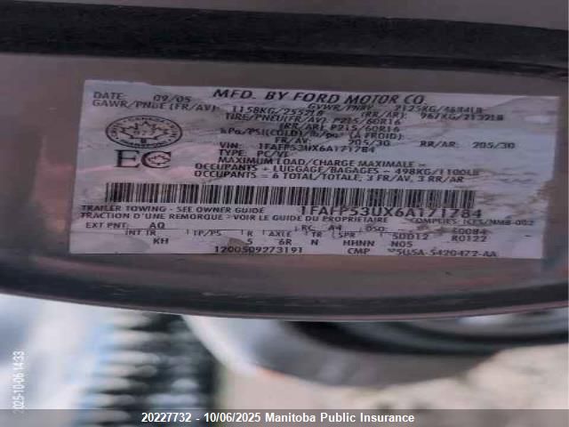 2006 Ford Taurus Se VIN: 1FAFP53UX6A171784 Lot: 20227732