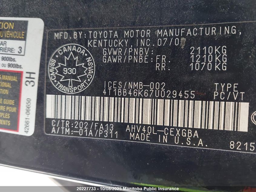 2007 Toyota Camry Hybrid VIN: 4T1BB46K67U029455 Lot: 20227733