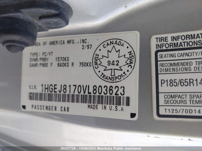 1997 Honda Civic Si Si VIN: 1HGEJ8170VL803623 Lot: 20227754