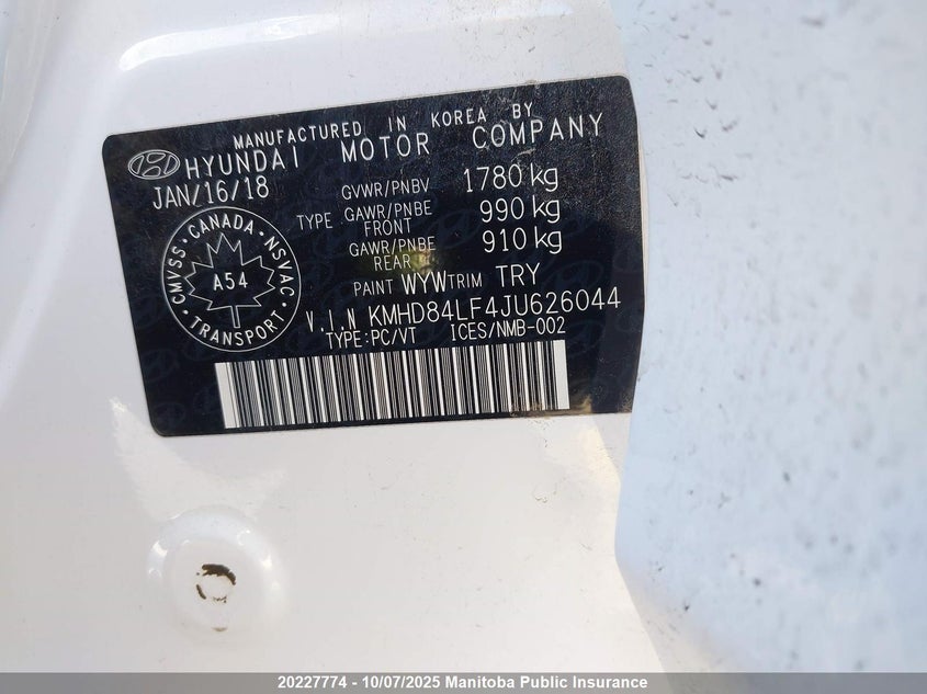2018 Hyundai Elantra Gl VIN: KMHD84LF4JU626044 Lot: 20227774