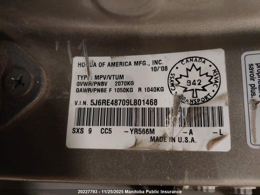 2009 Honda Cr-V Ex-L VIN: 5J6RE48709L801468 Lot: 20227793