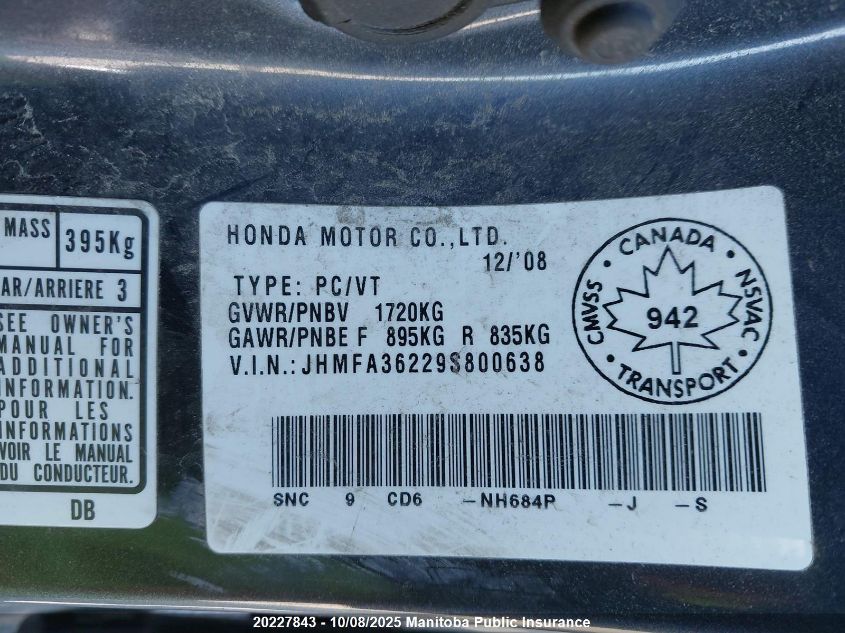 2009 Honda Civic Hybrid VIN: JHMFA36229S800638 Lot: 20227843