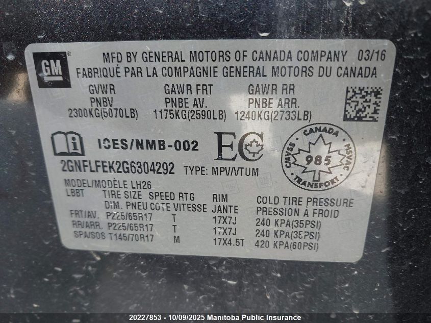 2016 Chevrolet Equinox Lt VIN: 2GNFLFEK2G6304292 Lot: 20227853