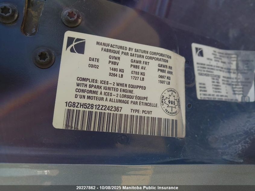 2002 Saturn Sl1 VIN: 1G8ZH52812Z242367 Lot: 20227862