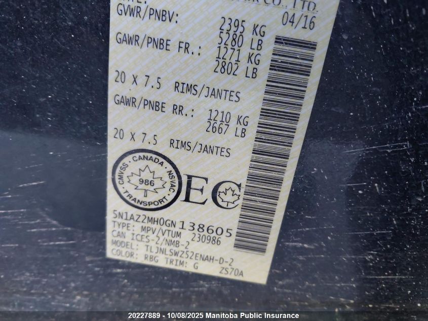 2016 Nissan Murano Platinum VIN: 5N1AZ2MH0GN138605 Lot: 20227889