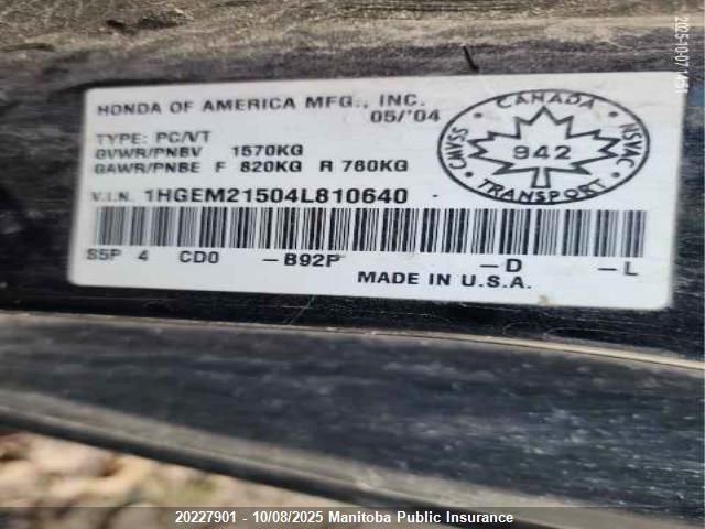 2004 Honda Civic Lx VIN: 1HGEM21504L810640 Lot: 20227901