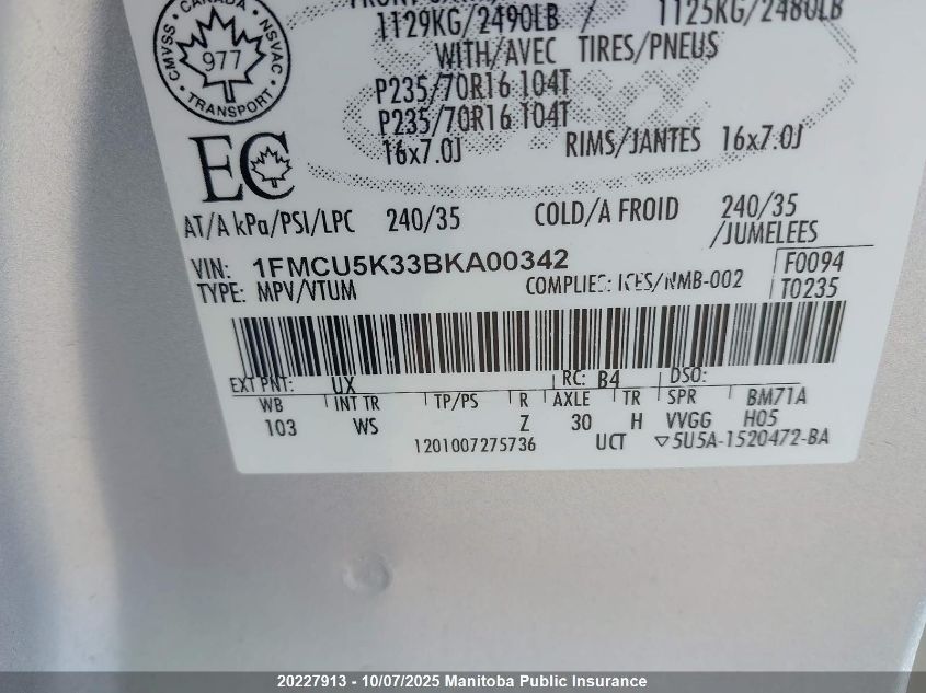 2011 Ford Escape Hybrid Hybrid VIN: 1FMCU5K33BKA00342 Lot: 20227913