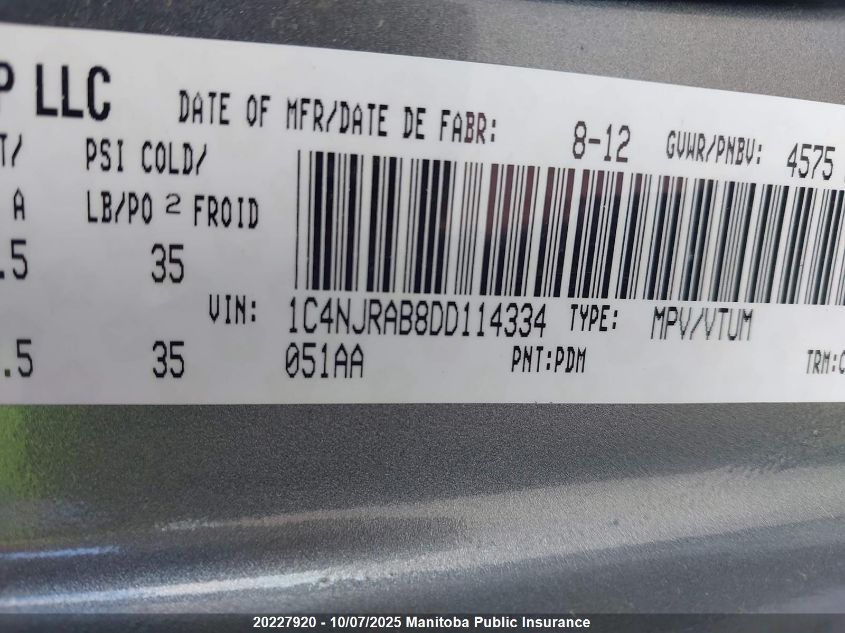 2013 Jeep Patriot VIN: 1C4NJRAB8DD114334 Lot: 20227920