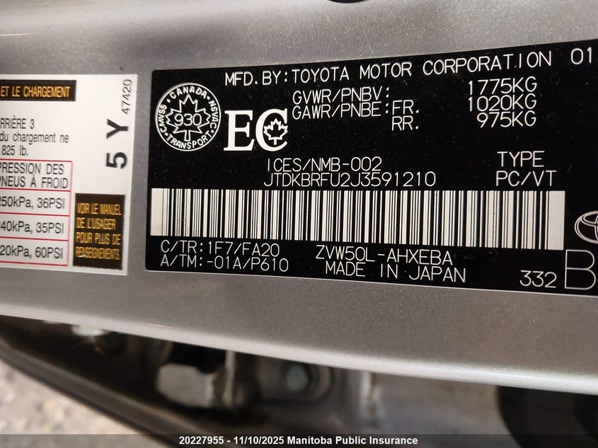 JTDKBRFU2J3591210 2018 TOYOTA PRIUS photo no. 9