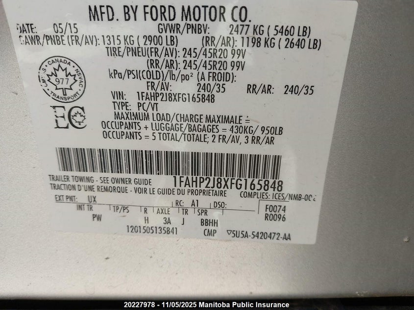 2015 Ford Taurus Limited VIN: 1FAHP2J8XFG165848 Lot: 20227978