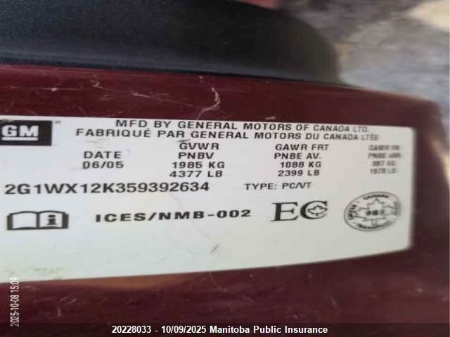 2005 Chevrolet Monte Carlo Lt VIN: 2G1WX12K359392634 Lot: 20228033